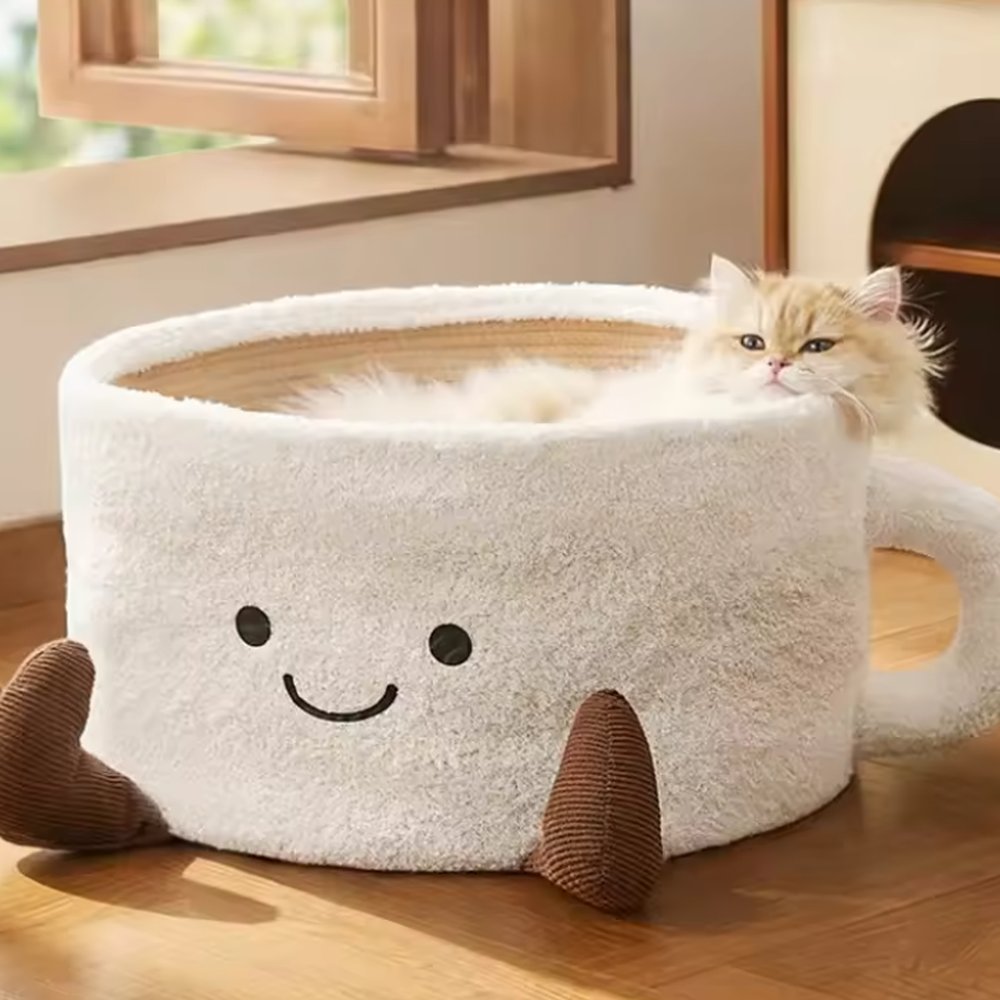 Cute Cup-Shaped Cat Bed with Scratching Board | Semi-Enclosed Cozy Nest for Cats & Kittens | Perfect Gift for Cat Lovers